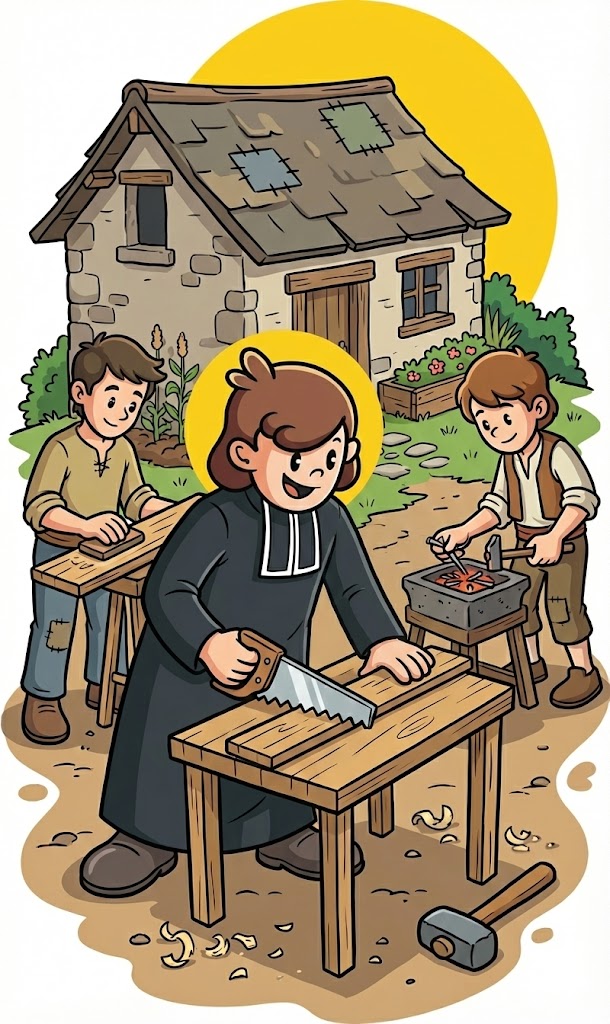 Casa de La Valla cuna del instituto Marista", "San Marcelino fabricando muebles", "Primeros hermanos maristas".